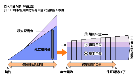 個人年金保険（有配当）例：10年保証期間付終身年金＜定額型＞の図